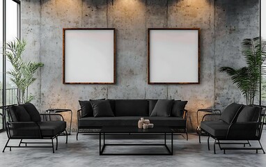 Modern living room, concrete wall, black sofa, plants, city view