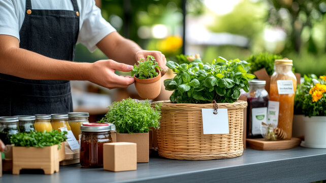 Person arranges fresh herbs and artisanal products at a local market stall, promoting fair trade and sustainable consumption.