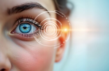 Close-up female eye on visual acuity test. Modern tech used for eyesight check-up. Healthy eye care concept. Focus on eye health improvement. Laser eye surgery acuity check concept. Female patient.