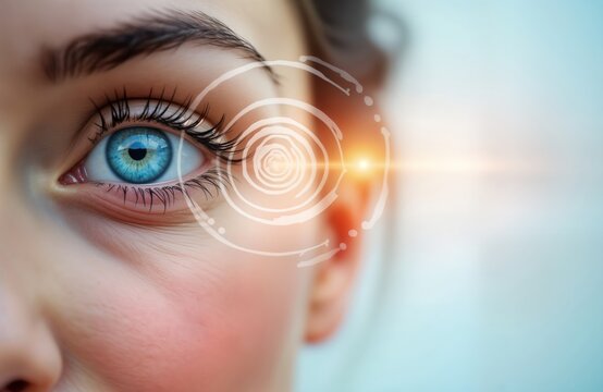 Close-up female eye on visual acuity test. Modern tech used for eyesight check-up. Healthy eye care concept. Focus on eye health improvement. Laser eye surgery acuity check concept. Female patient.