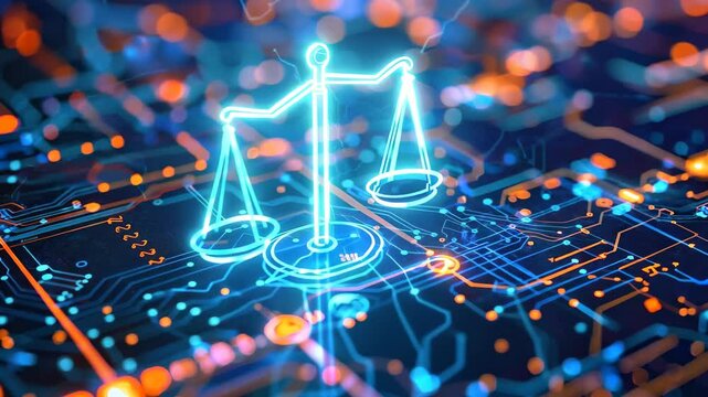 Glowing scales of justice icon against circuit board backdrop with blue and orange light, symbolizing the blend of law and technology for legal innovation themes.
