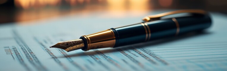 A close-up of a luxury fountain pen on financial documents, symbolizing professionalism and sophistication.