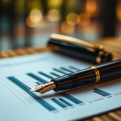 Fototapeta premium A close-up of a luxury fountain pen on financial documents, symbolizing professionalism and sophistication.