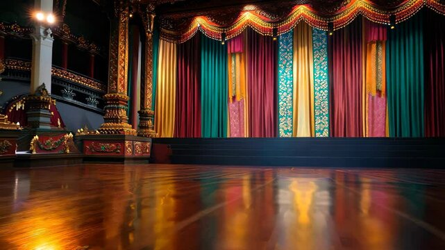 Vibrant stage set with ornate backdrops of gold, teal, maroon, and purple drapes, enhanced by warm lighting and polished wood, theater and cultural events.