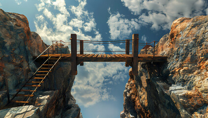 Obraz premium bridge made of rope and wood, with wooden ladders on each side, spanning over two rocks in the sky.