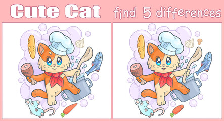 cute little cat cook, find five differences illustration