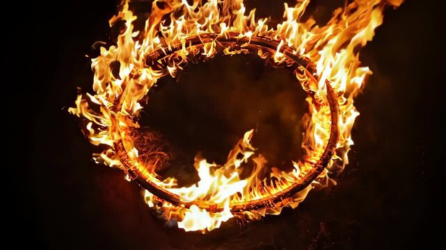A blazing ring of fire glowing vividly against a dark background, symbolizing dramatic energy and excitement, commonly seen in daring circus performances and thrilling acts.
