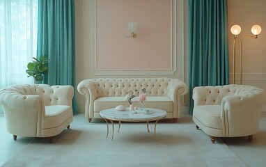 Obraz premium Elegant living room, cream sofa, teal curtains, pastel walls, interior design