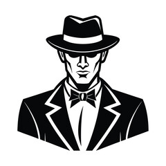 A man with fedora hat, bow tie and formal suit vector style silhouette.eps