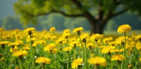 Obraz premium Field of tall yellow dandelions with a tree in the background, earthy tones, branches