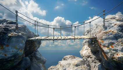 Obraz premium bridge made of rope and wood, with wooden ladders on each side, spanning over two rocks in the sky.