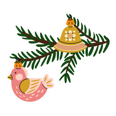 Christmas tree branch with retro Christmas balls. Soviet glass toys in flat style. Bird, bell. Decor for Christmas, New Year and holidays. Hand-drawn isolated illustration on white background