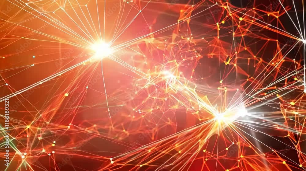 Wall mural vibrant digital abstract of interconnected lines and glowing nodes in reds and oranges, connectivity