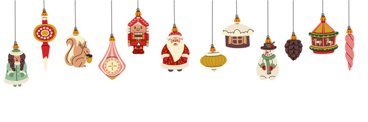 banner Christmas balls. Soviet toys. A banner for decorating a Christmas tree, Christmas balls on a white background. Santa Claus, the snow Maiden, the nutcracker. The holiday decoration template