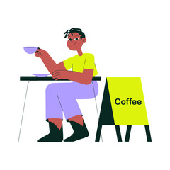 Fototapeta premium Man Drinking Coffee At Outdoor Cafe Table In Flat Vector Illustration Symbolizing Relaxation, Coffee Break, And Leisure, Isolated On White Background.