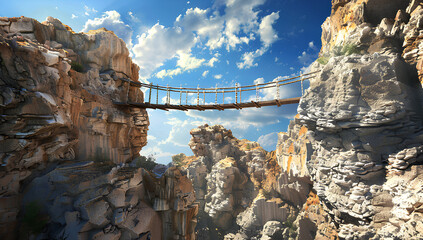 Fototapeta premium bridge made of rope and wood, with wooden ladders on each side, spanning over two rocks in the sky.