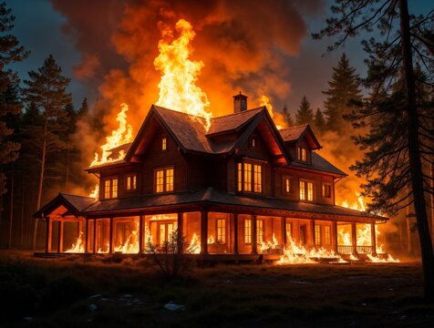 Fiery blaze engulfs a wooden house in a forest at night under a dramatic sky - Powered by Adobe
