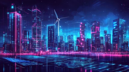 Futuristic Cityscape with Renewable Energy Technology Elements