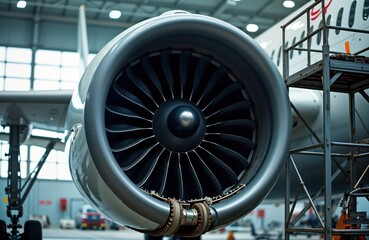Aircraft engine under repair in airport hangar. Maintenance crew working on jet engine. Inspection, repair activities taking place. Industrial setting. Focus on intricate details of mechanical parts.