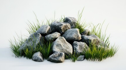 Grey rocks, green grass pile, white background, nature scene, game design