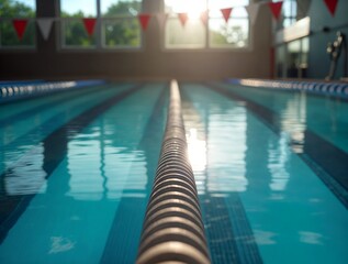 Swimming pool at sunrise with reflection on water and starting blocks visible