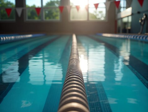 Swimming pool at sunrise with reflection on water and starting blocks visible