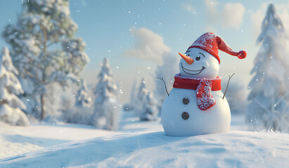smiling snowman with a red hat and scarf, sitting on a white, blank banner in a winter landscape with trees covered in heavy snow. Cartoon style