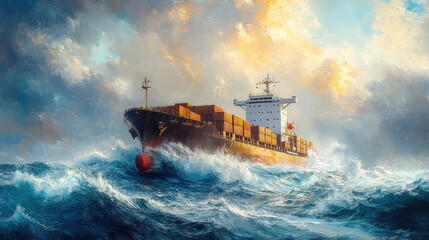Cargo ship battling stormy seas, dramatic sky.