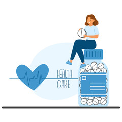 A woman sits on the pill bottle holding a tablet, representing health monitoring, treatment, and medical heart support