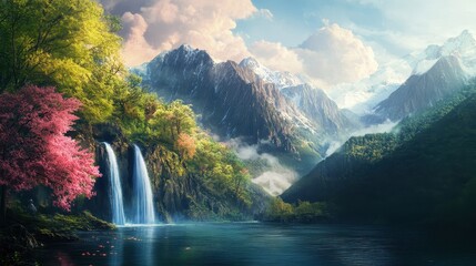 Majestic Waterfall Cascading into a Serene Mountain Lake Surrounded by Lush Greenery