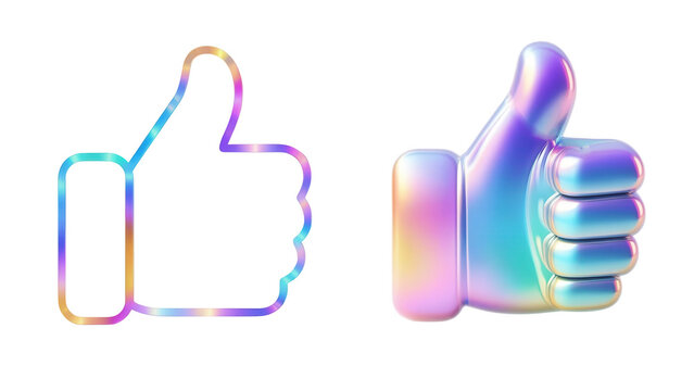 3D Thumb up,  like sign  in Holographic iridescent color, OK emoji, png, isolated background