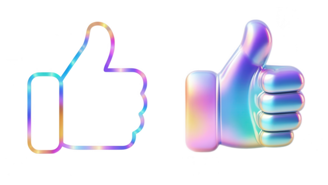 3D Thumb up,  like sign  in Holographic iridescent color, OK emoji, png, isolated background