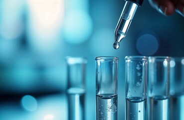 Closeup shot of lab testing water sample. Dropper adds liquid to test tube. Researching water quality in lab environment. Clear liquid in test tubes. Scientific analysis of water resources.