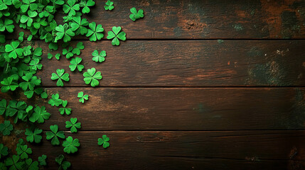 Fototapeta premium Green clovers framing rustic wooden background for saint patrick's day