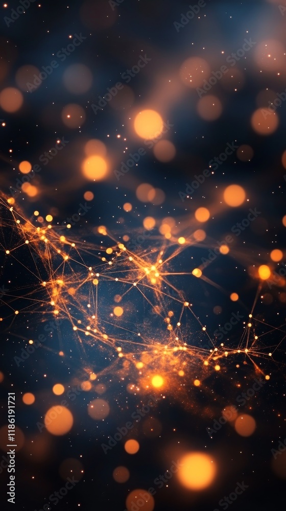 Wall mural bright glowing particles and connections create a cosmic web in a dark space background