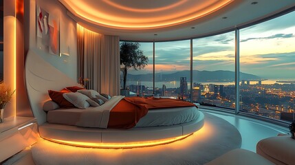 Fototapeta premium Bedroom with a rotating bed and a 360-degree panoramic view 
