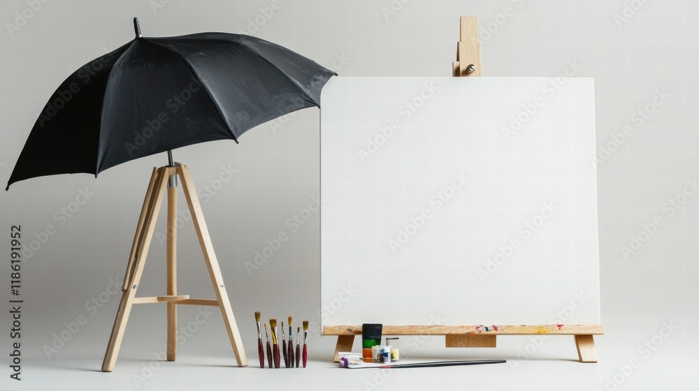 Aufkleber Creative workspace with umbrella and easel showcasing tools for artistic expression and vibrant paint exploration. Generative AI