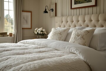 Obraz premium Beige bedroom, tufted headboard, floral pillows, soft bedding.