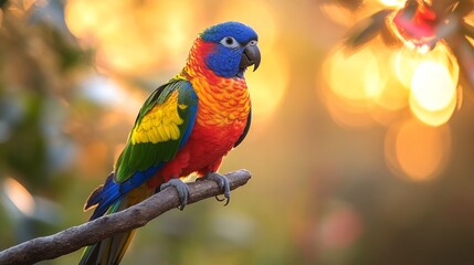 Vibrant parrot perched on branch against a backdrop of golden autumn leaves in a serene forest setting
