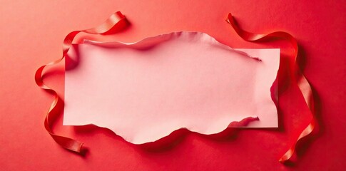 Shredded paper in crimson hue lies solitary on a plain surface, texture paper, background blank, torn red paper