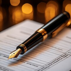A close-up of a luxury fountain pen on financial documents, symbolizing professionalism and sophistication.