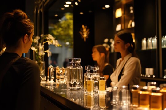 Elegant perfume launch event with guests enjoying new fragrances and sophisticated decor