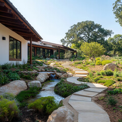 Serene garden pathway residential property landscape photography natural environment eye-level view tranquil concept
