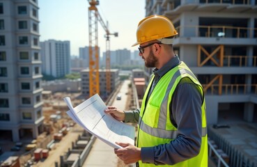 Civil architect engineer inspects building blueprints outdoors on construction site. Wears safety helmet, safety vest. Modern buildings, crane in background. Construction project underway. Architect