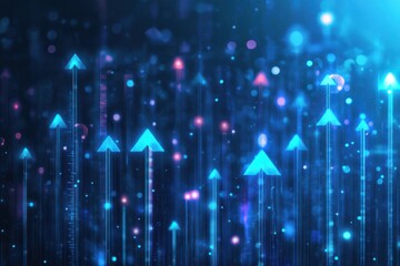 Futuristic cityscape, glowing arrows, digital landscape, data visualization