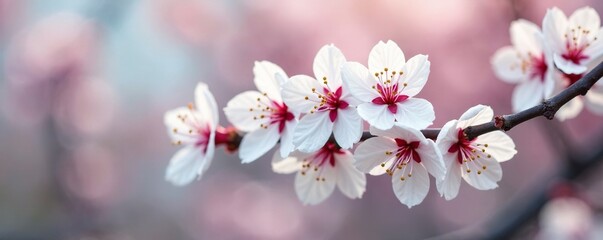 Obraz premium White cherry blossoms with a few red spots on a branch, tree, red