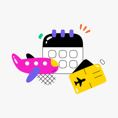 Airplane, Boarding Pass, And Calendar In Flat Vector Illustration Symbolizing Flight Planning, Travel Scheduling, And Booking, Isolated On White Background