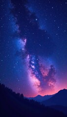 Cosmic landscape with stars and galaxies in dark midnight blue purple background, cosmic, midnight