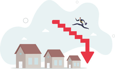 Housing price falling down, real estate and property crash, value drop or decline, home loan or mortgage risk concept.flat characters.