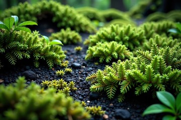 A tangle of ferns and moss covering the surface of a volcanic ash field, natural world, plant life, forest floor